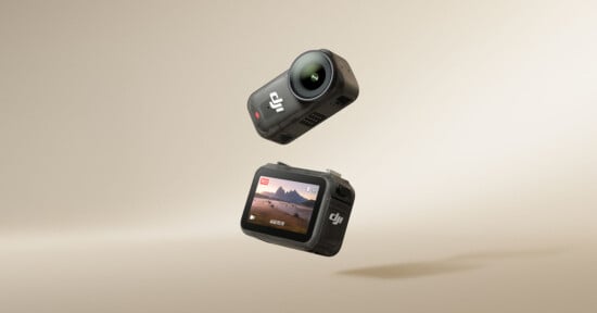 Two compact action cameras float against a beige background. One shows its lens and the other displays a mountain landscape on its screen. Both cameras have the DJI logo visible.