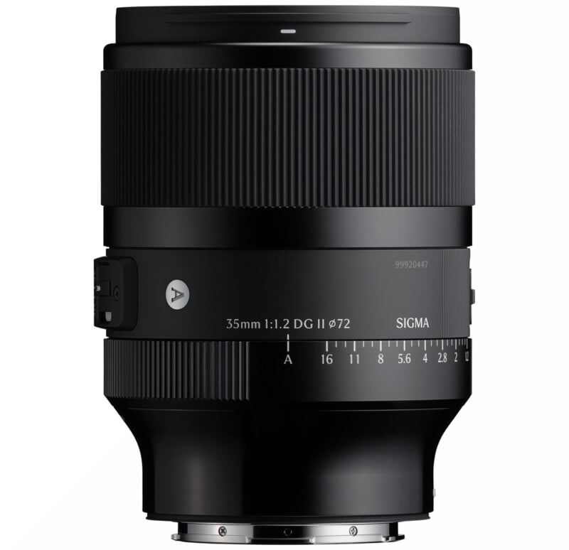 A Sigma 35mm f/1.2 DG DN Art camera lens, shown upright against a white background, displaying its focus ring, aperture ring, and lens mount with clear labeling and details.
