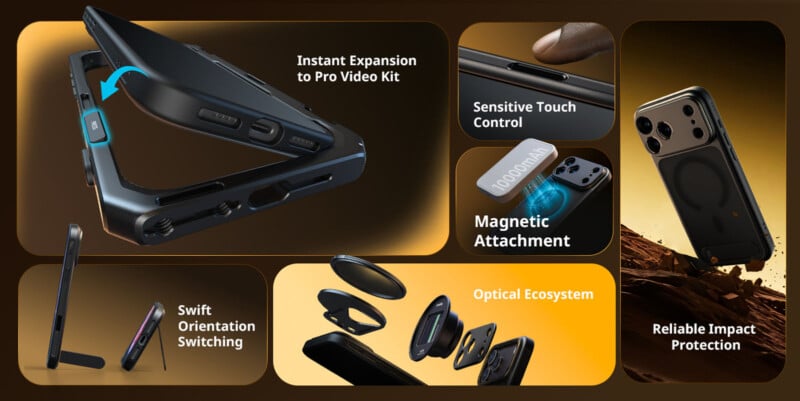 A phone case with features labeled: instant expansion to Pro Video Kit, sensitive touch control, magnetic attachment, swift orientation switching, optical ecosystem, and reliable impact protection.