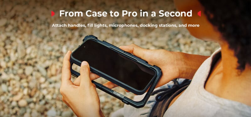 A person holds a smartphone being inserted into a rugged black case outdoors. Text above reads, “From Case to Pro in a Second. Attach handles, fill lights, microphones, docking stations, and more.”.