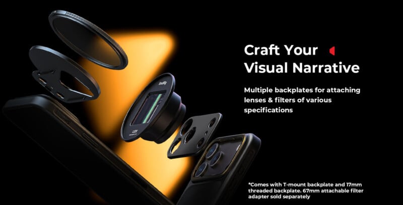 A smartphone with interchangeable lens and filter attachments is shown on a dark background. Text reads, "Craft Your Visual Narrative" with details about multiple backplates for attaching lenses and filters.