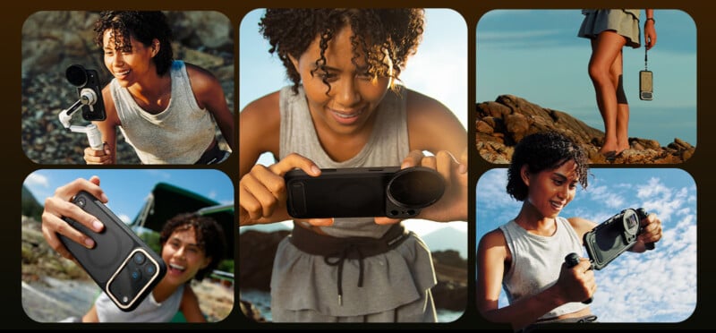 A woman outdoors uses a smartphone camera with various accessories, including a grip, lens attachment, and tripod, capturing photos while smiling and enjoying the sunny, natural setting.