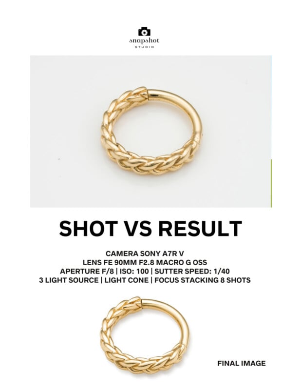 A gold braided ring is photographed on a white background. Top section shows camera shot setup details. Bottom section displays the final, well-lit and sharp image of the ring labeled "FINAL IMAGE.
