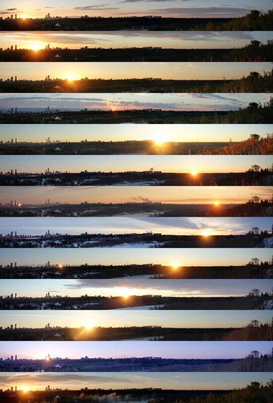 A series of panoramic images, each showing a city skyline with a river, captured at different times of day, illustrating various stages of sunrise or sunset with changing light and sky colors.