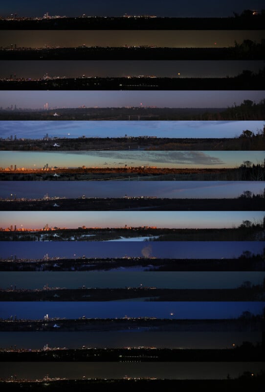 A series of horizontal photo strips show a city skyline and landscape transitioning from night to day and back, with changing sky colors and lighting throughout the sequence.