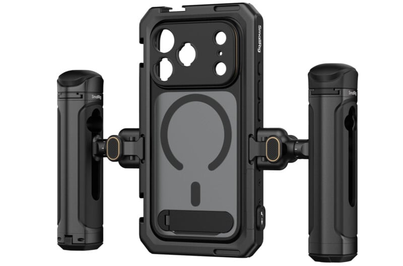 A rugged smartphone case with adjustable side grips and two cylindrical handles attached, designed for enhanced stability and secure handling during filming or photography.