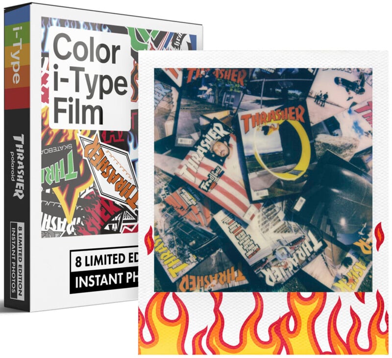 A box of Polaroid i-Type film with a Thrasher magazine theme stands beside a developed instant photo featuring a collage of Thrasher magazine covers. The film frame is decorated with a yellow and red flame pattern.