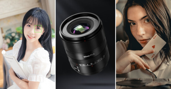 Three-panel image: a woman smiling and holding a book, a close-up of a 35mm F1.9 camera lens, and a woman holding an ace of hearts card near her face, looking towards the camera.