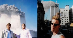 Two photos side by side show people in the foreground with smoke billowing from the World Trade Center towers in the background during the September 11 attacks in New York City.