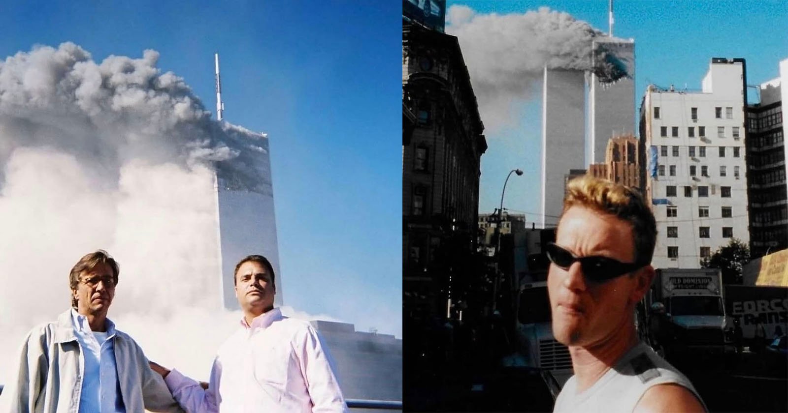 Two photos side by side show people in the foreground with smoke billowing from the World Trade Center towers in the background during the September 11 attacks in New York City.