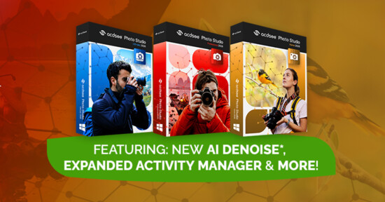 Three colorful software boxes for ACDSee Photo Studio, each with a different person holding a camera. Text overlay reads: "Featuring: New AI Denoise*, Expanded Activity Manager & More!" on a green banner.