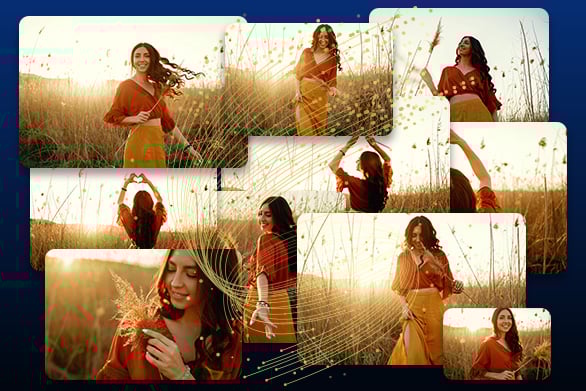 A collage of a woman in a field at sunset, wearing a rust-colored top and yellow skirt, smiling, twirling, and holding tall grasses, with artistic lines and dots overlaying the images.