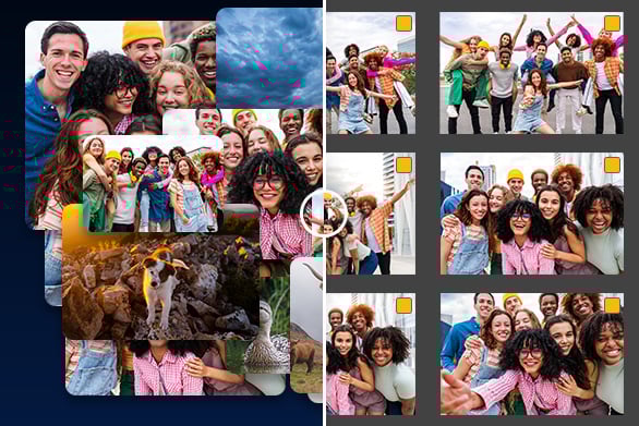 A collage shows diverse groups of smiling people posing together, a dog on a rocky landscape, and a cloudy sky. The left side features overlapping images, while the right arranges them neatly in a grid with yellow check marks.