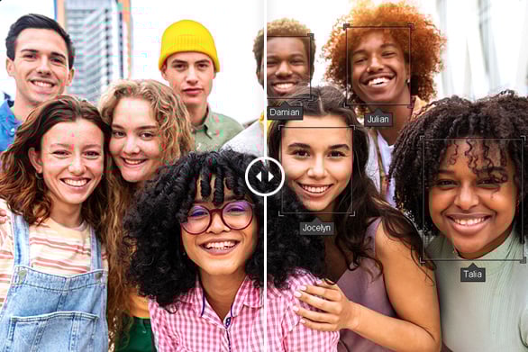 A split image of two diverse groups of young adults smiling outdoors. On the right, four faces are labeled with names: Damian, Julian, Jocelyn, and Talia. The left side shows a similar group without labels or boxes.