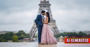 A couple in formal attire stands closely together in front of the Eiffel Tower, gazing into each other's eyes. The woman wears a flowing pink dress, and the man wears a blue suit. A red "AI-GENERATED" label appears on the image.