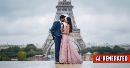 A couple in formal attire stands closely together in front of the Eiffel Tower, gazing into each other's eyes. The woman wears a flowing pink dress, and the man wears a blue suit. A red "AI-GENERATED" label appears on the image.