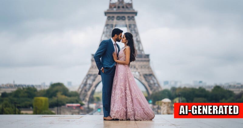 A couple in an AI-generated pre-wedding photo in front of the Eiffel Tower.
