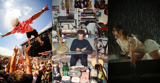 A collage of three scenes: a crowd surfing man at an outdoor concert, a person surrounded by musical instruments and gear in a cluttered room, and a woman onstage singing passionately in the rain.