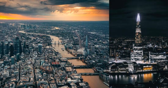 Aerial view of London at sunset, showing the River Thames and city landmarks, alongside a nighttime image of The Shard skyscraper brightly illuminated against the dark cityscape.
