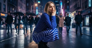 A woman in a blue and white striped dress crouches on a wet city street at night, with blurred pedestrians walking behind her and city lights illuminating the scene.