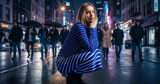 A woman in a blue and white striped dress crouches on a wet city street at night, with blurred pedestrians walking behind her and city lights illuminating the scene.