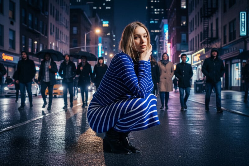 A woman in a blue and white striped dress crouches on a wet city street at night, with blurred pedestrians walking behind her and city lights illuminating the scene.