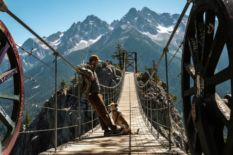 A man leans on the railing of a suspension bridge high in the mountains, with a dog sitting at his feet. Snow-capped peaks and pine trees fill the background under a clear blue sky.