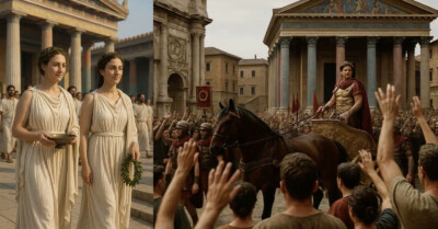 Two women in white ancient Roman dresses stand solemnly, holding ceremonial items. Nearby, a crowd raises hands as a man in Roman armor rides a horse-drawn chariot before grand classical buildings.