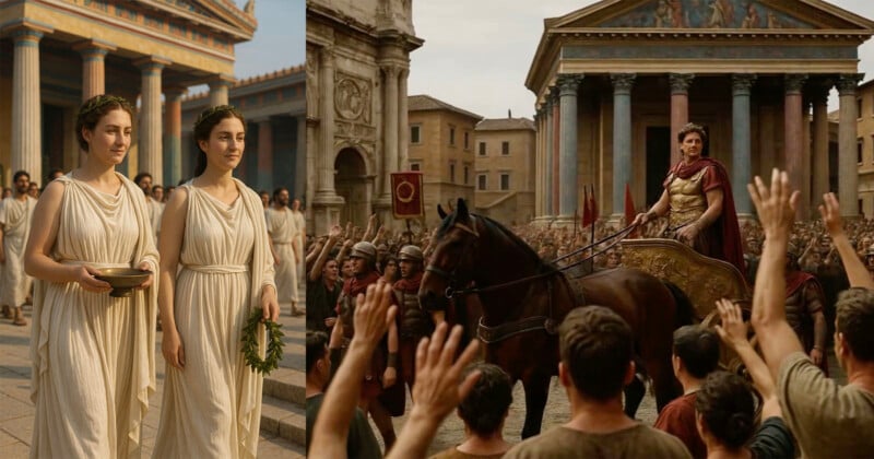 Two women in white ancient Roman dresses stand solemnly, holding ceremonial items. Nearby, a crowd raises hands as a man in Roman armor rides a horse-drawn chariot before grand classical buildings.