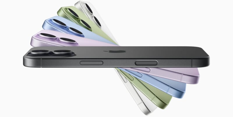 Six iPhones are fanned out, showcasing their side profiles and rear cameras. The phones are displayed in black, blue, green, yellow, pink, and white, highlighting their different color options.