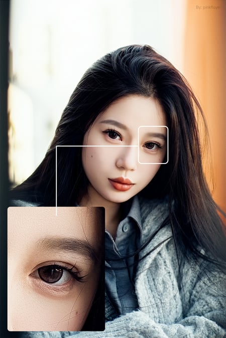 A young woman with long dark hair and soft makeup looks at the camera. An inset highlights her right eye, showing a close-up of the eye area. She wears a gray sweater and is in soft natural light.