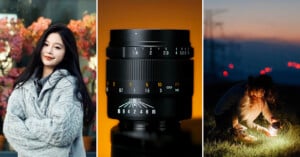 A collage of three photos: a woman in a gray sweater poses outdoors, a close-up of a camera lens with numbers, and a person crouches at dusk using a lantern on grassy ground.