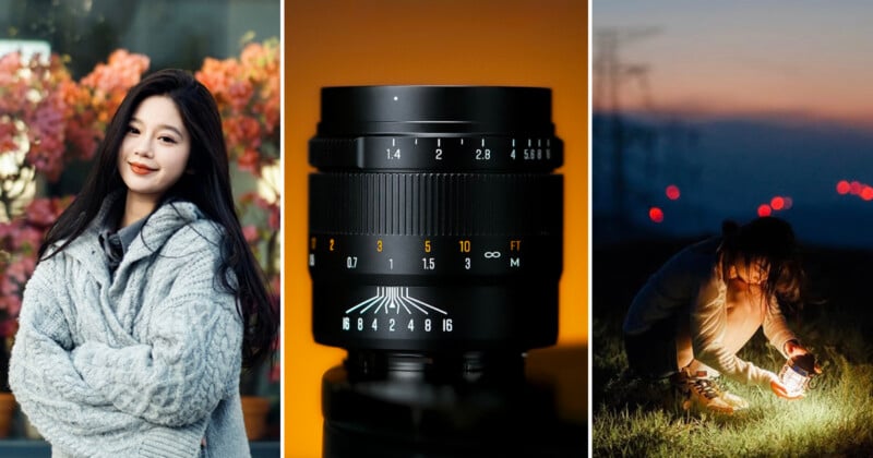 A collage of three photos: a woman in a gray sweater poses outdoors, a close-up of a camera lens with numbers, and a person crouches at dusk using a lantern on grassy ground.