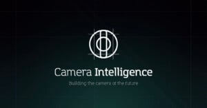White logo resembling a camera lens above the text "Camera Intelligence" with the tagline "Building the camera of the future" on a dark gradient background with grid lines.