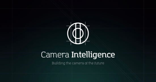 White logo resembling a camera lens above the text "Camera Intelligence" with the tagline "Building the camera of the future" on a dark gradient background with grid lines.