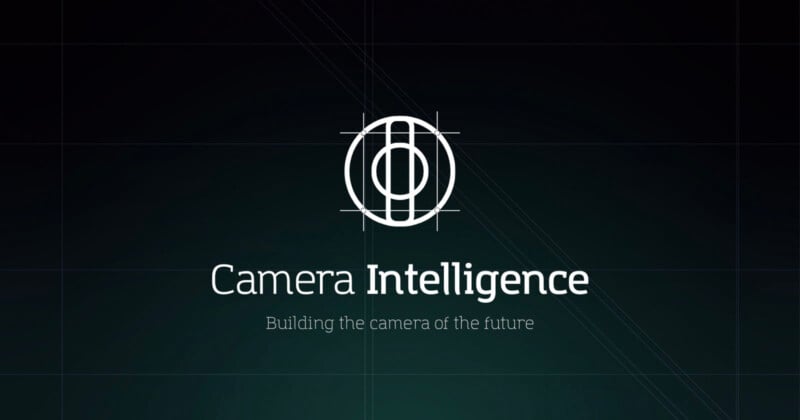 White logo resembling a camera lens above the text "Camera Intelligence" with the tagline "Building the camera of the future" on a dark gradient background with grid lines.