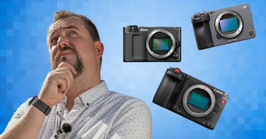 A man with a thoughtful expression looks up at three mirrorless cameras from Nikon, Sony, and Canon appearing on a blue pixelated background.