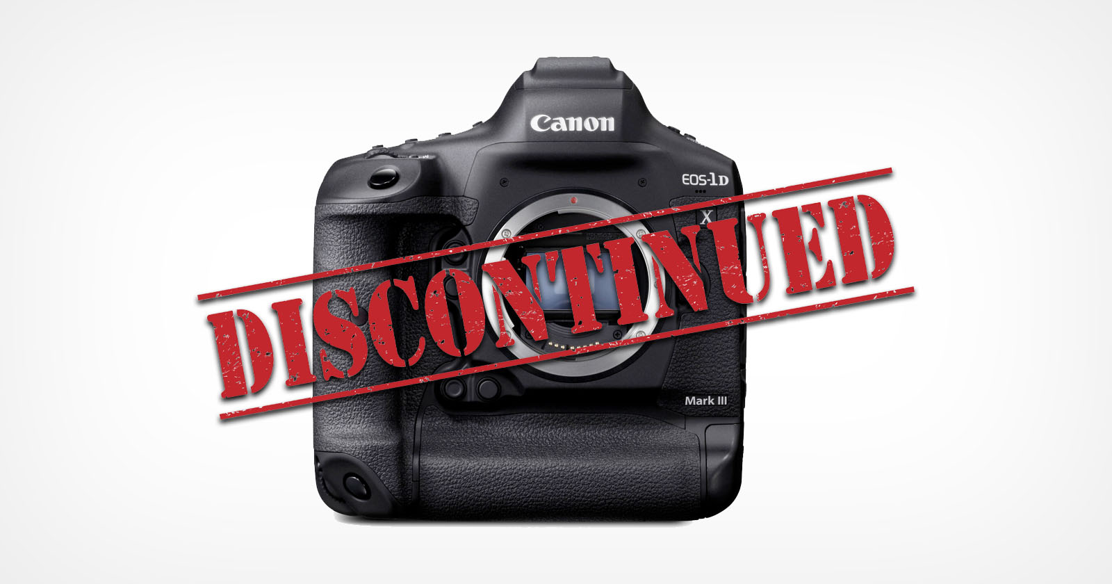 A Canon EOS-1D camera body is shown with a large red "DISCONTINUED" stamp across it on a white background.