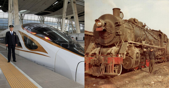 Side-by-side comparison of a modern high-speed train at a station with a uniformed conductor beside it, and an old steam locomotive with a person standing next to it on a dirt track.