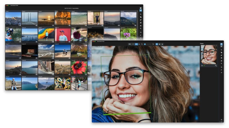 A computer screen displays a photo management program. One window shows a grid of various photo thumbnails, all while another window shows an enlarged image of a smiling person with glasses, with a green square framing their face.