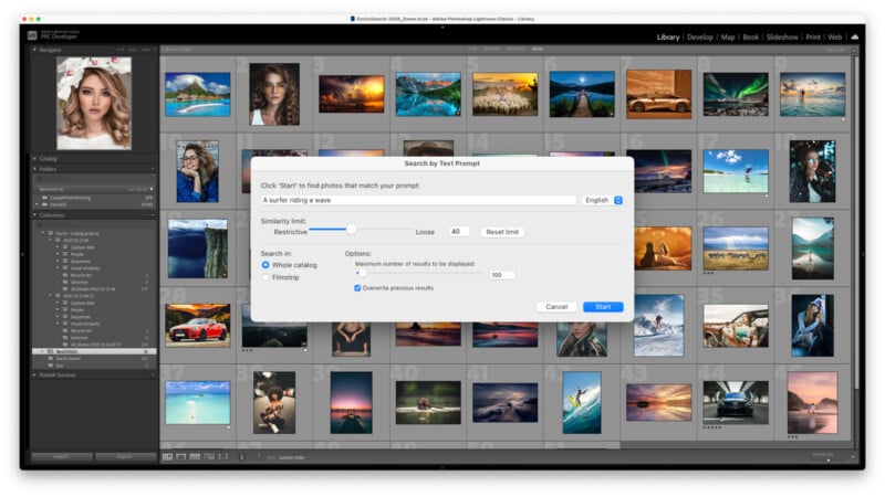 A computer screen shows Adobe Lightroom with a 'Search by Text Prompt' window open. The search term is 'A surfer riding a tall wave,' and photo thumbnails of various landscapes and ocean scenes are visible in the background.