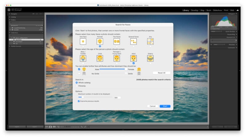 A computer screen shows Adobe Lightroom’s “Search for Faces” window over a beach sunset photo, allowing users to filter photos by age, gender, and smile, with 2448 photos matching the selected criteria.