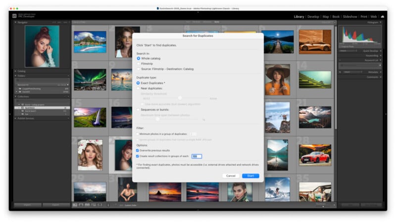 A computer screen shows photo management software with a pop-up window titled 'Search for Duplicates.' Various portrait and landscape photos are visible in the background grid.