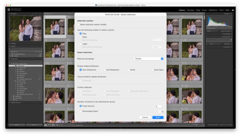 A computer screen shows Adobe Lightroom Classic with the 'Smart selection' dialog open, allowing the user to select images based on people, sharpness, and other attributes. Photo thumbnails are visible in the background.