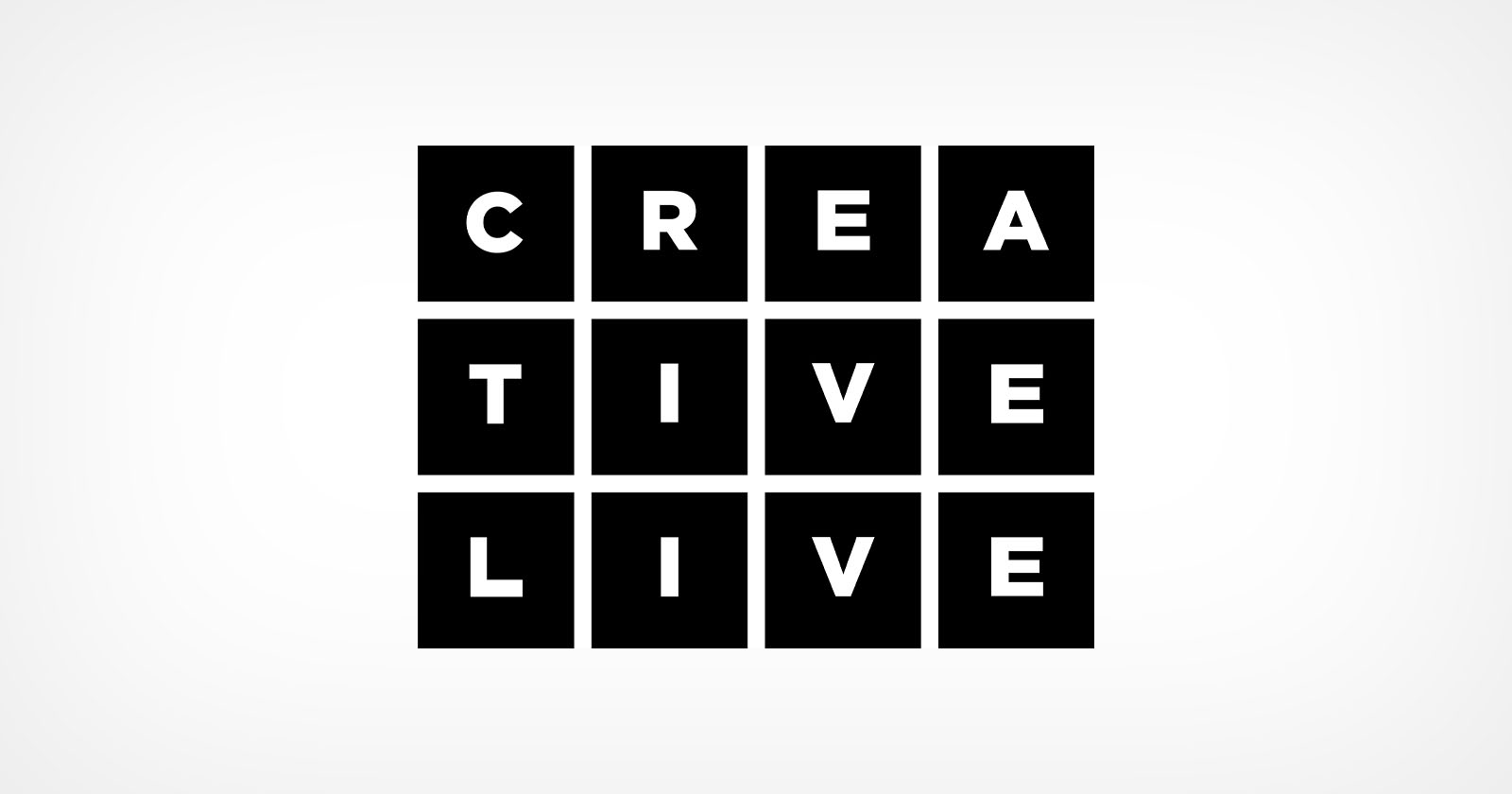 A grid of twelve black squares on a white background spells out "CREATIVE LIVE" in bold white letters, with one letter in each square.