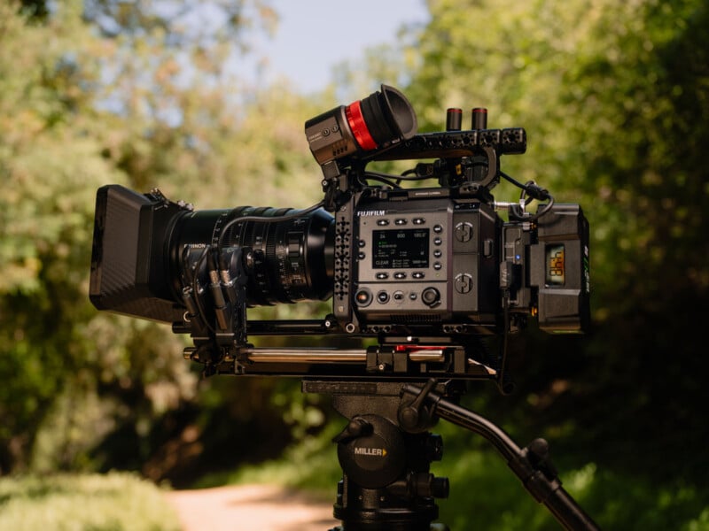 A professional video camera with multiple attached accessories is mounted on a tripod outdoors, with a blurred green background of trees and sunlight.