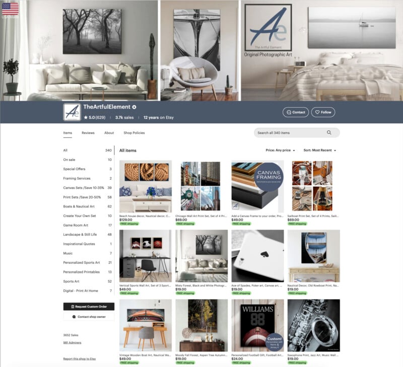 Screenshot of TheArtfulElement Etsy shop, displaying large modern photographic art prints on walls above beds and couches, various art products for sale, and a navigation menu on the left side of the page.