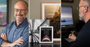 A man with glasses and a beard smiles with arms crossed, art and a photo of a football player named Matthew are displayed, and the man works at a computer using a digital pen.