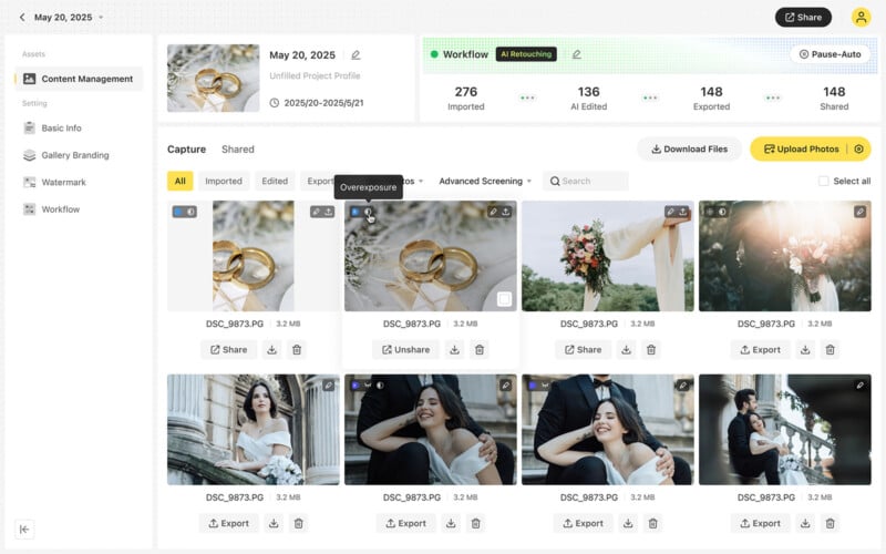 A photo management interface displays wedding-related images, including rings, a bouquet, and a bride. Various photos are marked as imported or shared, and options like export, share, and overexposure alerts are visible.
