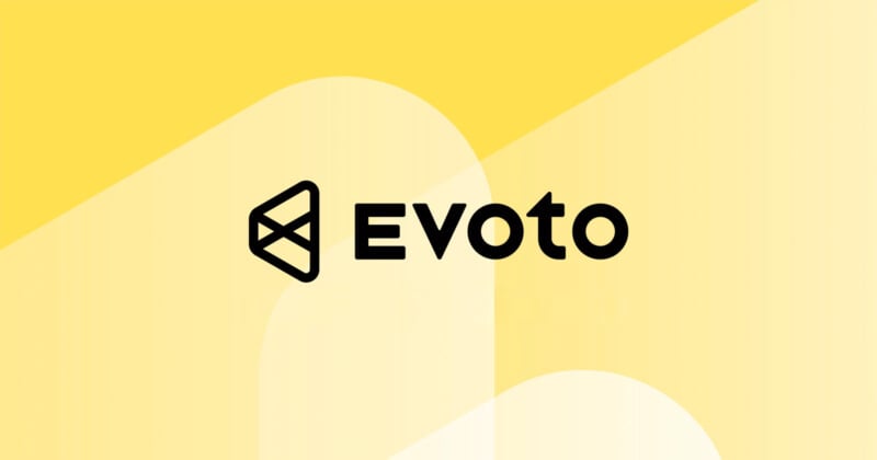 Yellow geometric background with the black Evoto logo and text centered. The logo consists of an abstract geometric shape, and the name “Evoto” is written in bold, modern font to the right of the logo.